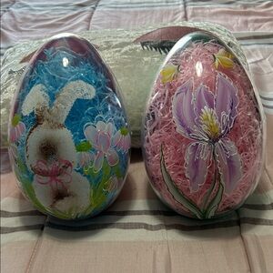Decorative Hand Painted Plastic Easter Egg Set with Bunny and Flower Designs